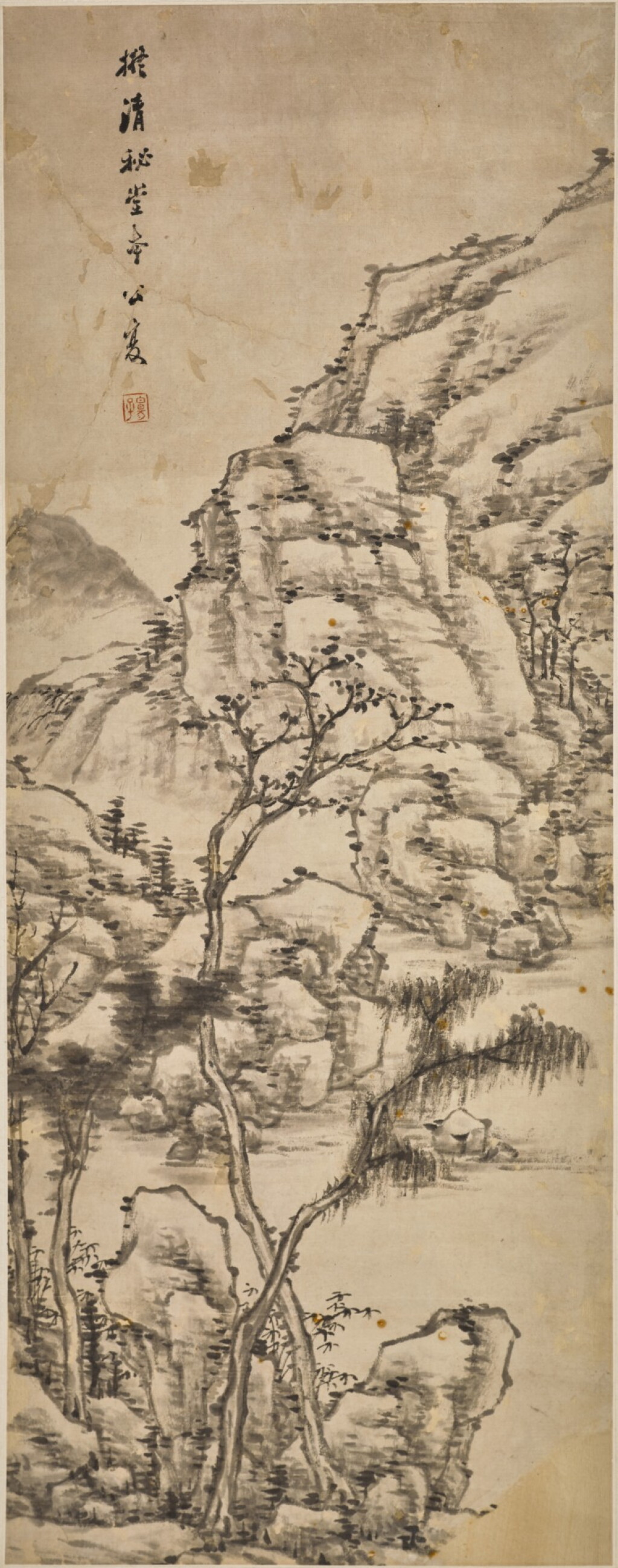 Voir en plein écran - Voir 1 du lot 54. Anonymous Landscape hanging scroll, ink and colour on paper Qing dynasty, 18th/19th century | 清十八/十九世紀 松柏山石圖 水墨紙本 立軸.