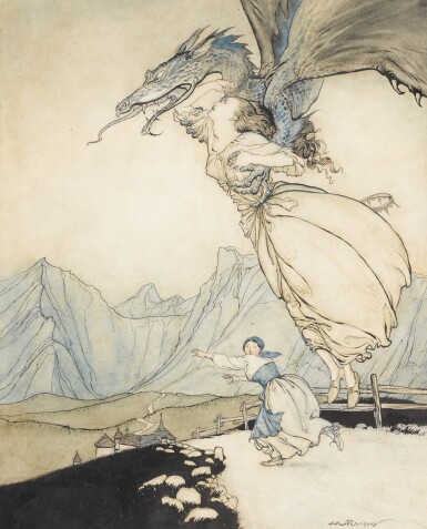 View full screen - View 1 of Lot 16. Arthur Rackham | Original illustration for The Allies' Fairy Book (The dragon flew out and caught the queen).