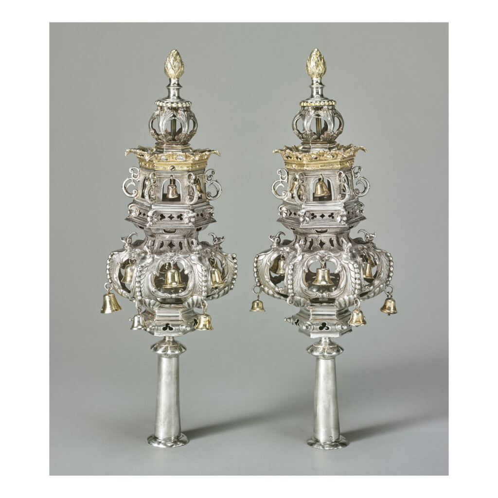 View full screen - View 1 of Lot 79. A PAIR OF GERMAN PARCEL-GILT SILVER TORAH FINIALS, JURGEN RICHELS, HAMBURG, CIRCA 1688-9.