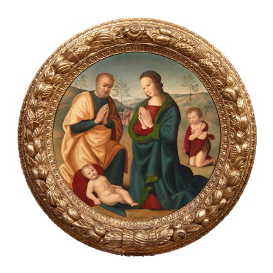 View full screen - View 1 of Lot 59. MASTER OF THE CAMPANA TONDO | HOLY FAMILY WITH ST. JOHN THE BAPTIST IN A LANDSCAPE, ST. NICHOLAS IN THE DISTANCE .