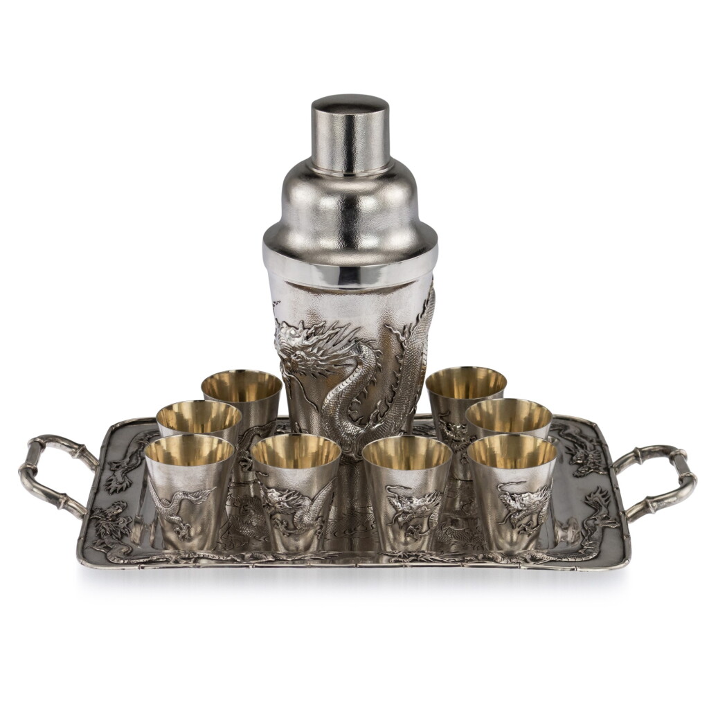View full screen - View 1 of Lot 110. A CHINESE EXPORT SILVER COCKTAIL SET, MAKERS MARK WH OR HM, EARLY 20TH CENTURY.