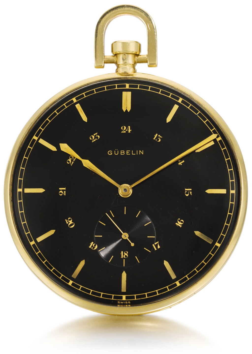 View full screen - View 1 of Lot 119. GÜBELIN | AN OVERSIZED GOLD OPEN-FACED KEYLESS LEVER WATCH WITH BLACK DIAL CIRCA 1930, MOVEMENT NO. 96955, CASE NO. 401625.