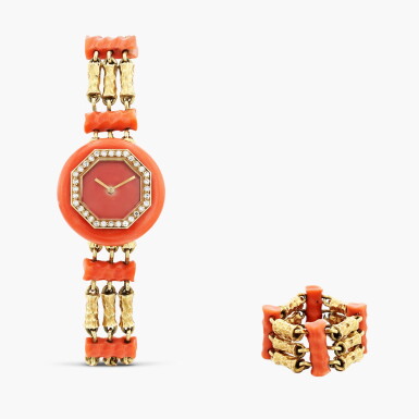 View full screen - View 1 of Lot 419. Yellow gold, coral and diamond-set wristwatch with bracelet, accompanied by a yellow gold and coral ring, circa 1968 .