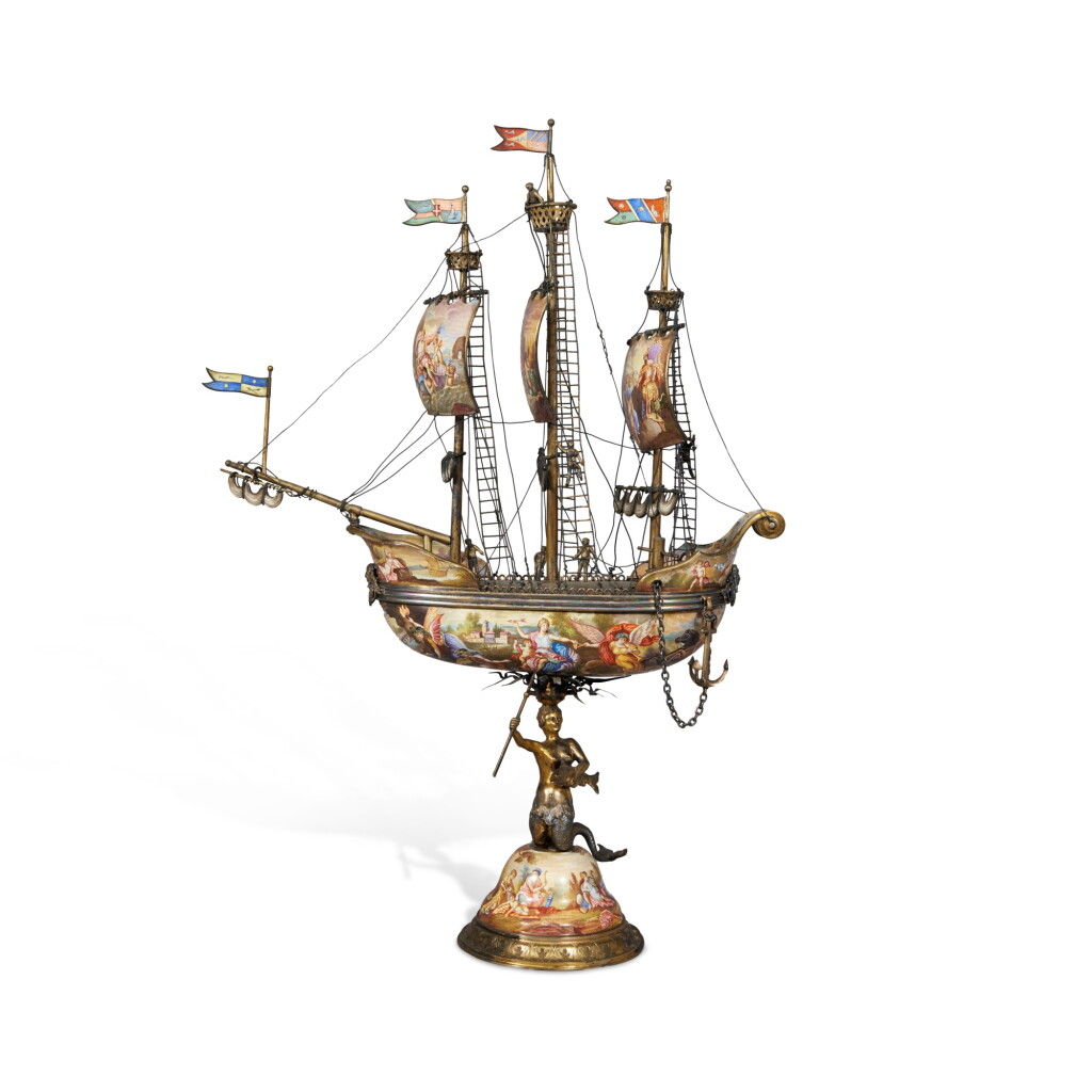 View full screen - View 1 of Lot 219. An Austrian Silver-Gilt and Enamel Nef, Vienna, Late 19th Century.