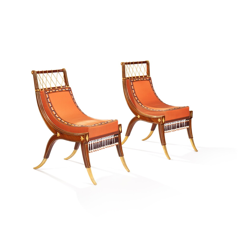 View full screen - View 1 of Lot 683. A pair of Directoire brass-mounted mahogany chairs, late 18th century.