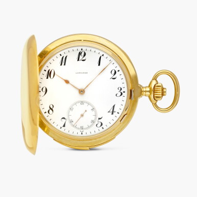 View full screen - View 1 of Lot 2559. 4 Grands Prix "Paris-Paris Milan Bruxelles" | A yellow gold Westminster chime minute repeating hunting case keyless lever watch with enamel dial, Circa 1910.
