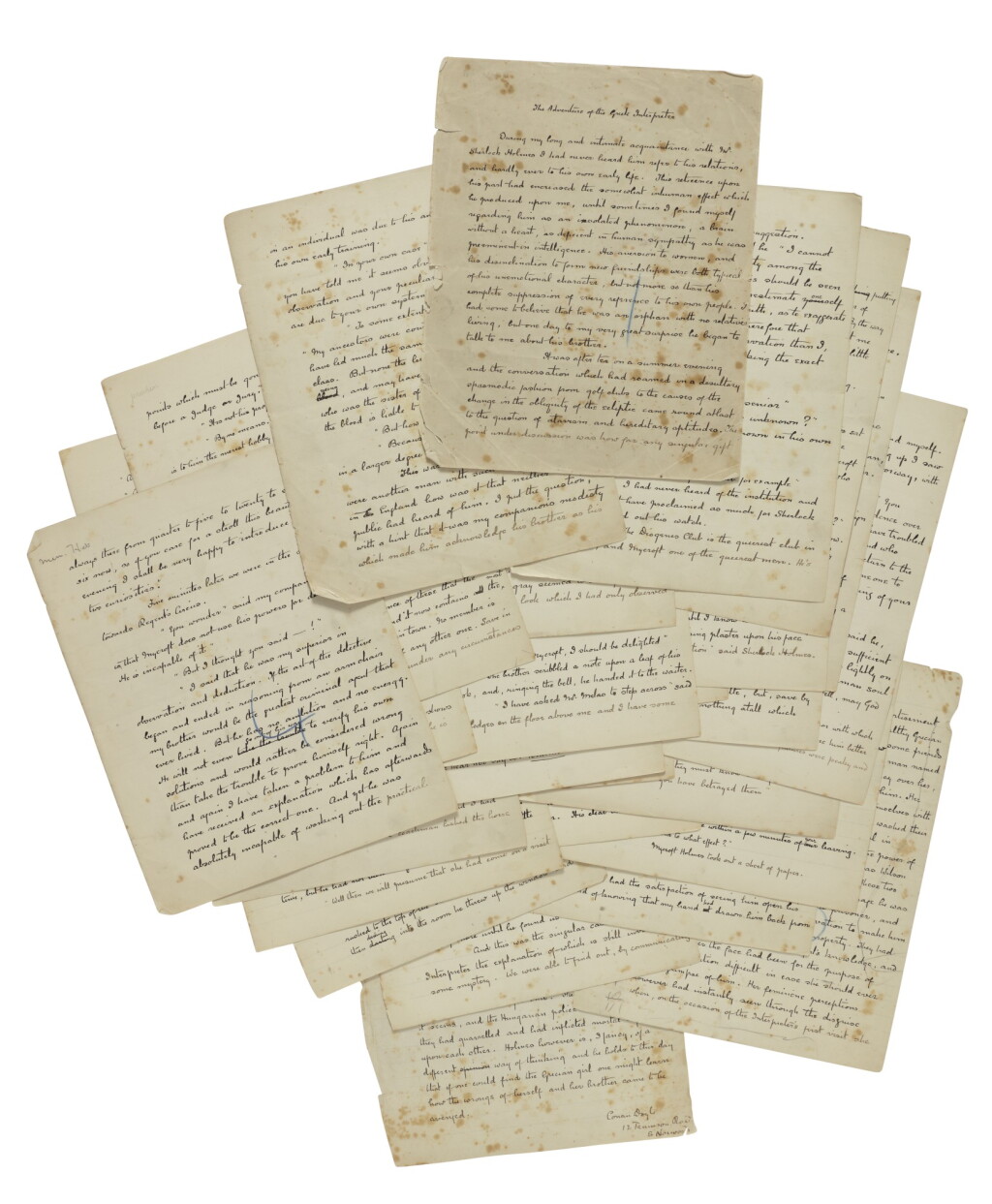 View full screen - View 1 of Lot 138. DOYLE, SIR ARTHUR CONAN | Autograph manuscript signed (“Conan Doyle”), titled “The Adventure of the Greek Interpreter”.