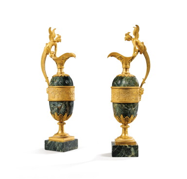 View full screen - View 1 of Lot 257. A pair of gilt-bronze mounted green marble ewers, Restauration, circa 1830 | Paire d'aiguières en marbre vert et bronze doré d'époque Restauration, vers 1830.