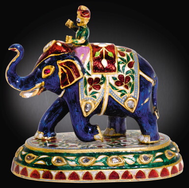 View full screen - View 1 of Lot 20. A JEWELLED GOLD AND ENAMEL ELEPHANT AND RIDER, INDIAN, PROBABLY SECOND HALF OF THE 19TH CENTURY .