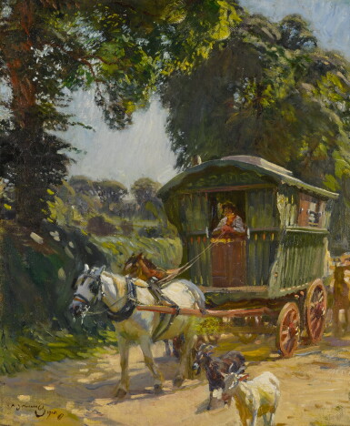 View full screen - View 1 of Lot 55. SIR ALFRED JAMES MUNNINGS, P.R.A., R.W.S. | GYPSY CARAVAN.