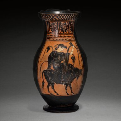 View full screen - View 1 of Lot 110. An Attic Black-figured Olpe, circa 500 B.C..