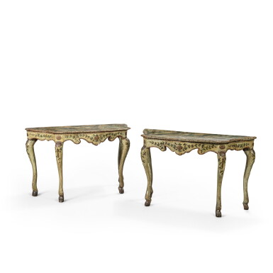 View full screen - View 1 of Lot 55. A pair of Italian green and gold lacquered wood demi-lune console tables, Marche, circa 1760.