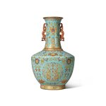 A superb and rare gilt-decorated famille-rose turquoise-ground vase, Seal mark and period of Qianlong | 清乾隆 松石綠地粉彩描金團龍吉慶紋螭耳瓶 《大清乾隆年製》款