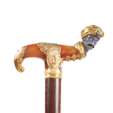 View full screen - View 1 of Lot 1158. A gold-mounted jewelled hardstone cane handle, late 18th century and later.