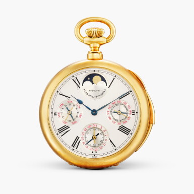 View full screen - View 1 of Lot 2294. Reference 961 | A yellow gold minute repeating instantaneous perpetual calendar openface keyless chronometer watch with moon phases, 24 hour, leap year indication and Earnshaw-type spring detent escapement, Made in 1990.