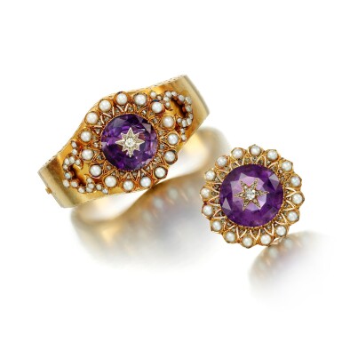 View full screen - View 1 of Lot 184. An amethyst, pearl and diamond brooch and bangle, late 19th century.