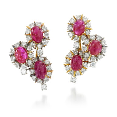View full screen - View 1 of Lot 90. PAIR OF RUBY AND DIAMOND EAR CLIPS.