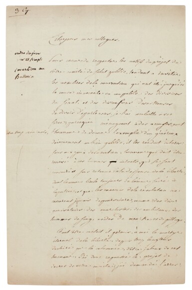 View full screen - View 1 of Lot 90. Jean Paul Marat | Autograph manuscript draft letter of resignation from the National Convention, 1793.
