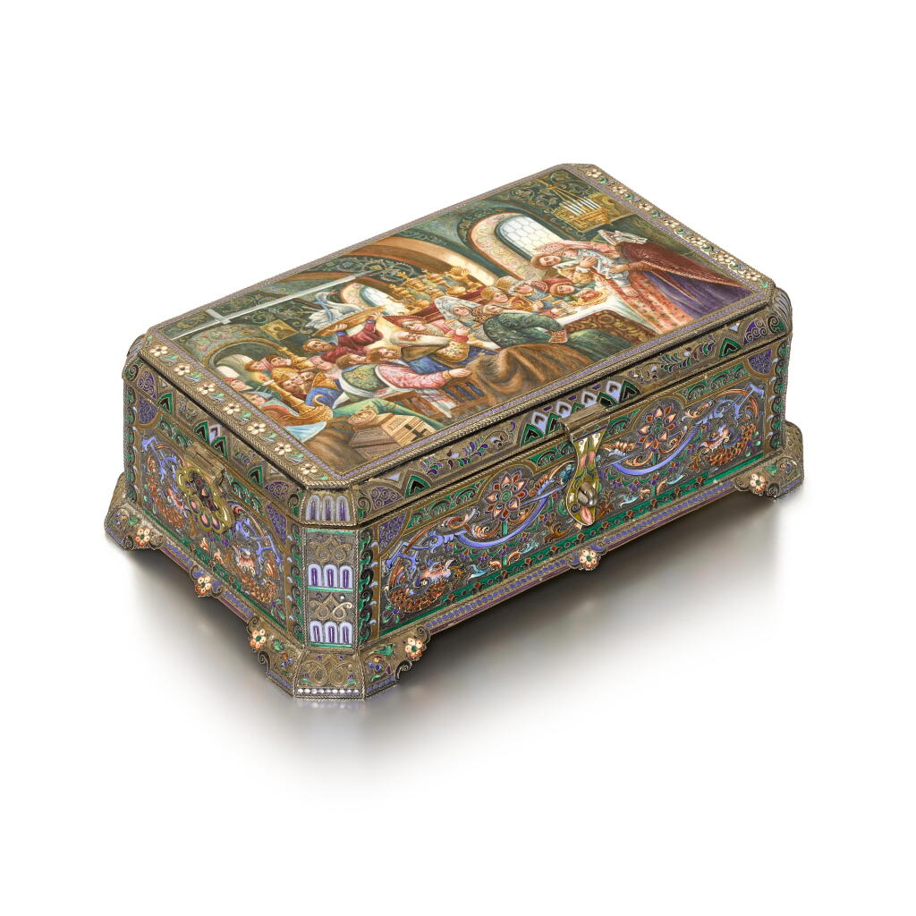 View full screen - View 1 of Lot 196. A silver-gilt en plein pictorial, cloisonné and guilloché enamel casket, 11th Moscow Artel, Moscow, 1908-1917.