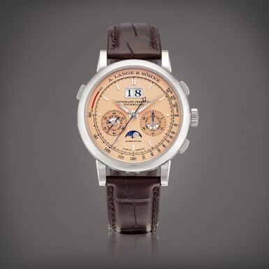 View full screen - View 1 of Lot 2264. Datograph Perpetual Tourbillon, Reference 740.056FE A limited edition white gold perpetual calendar flyback chronograph tourbillon wristwatch with moon phases, leap year, day and night, power reserve indication and salmon dial, Circa 2021 | 朗格 | Datograph Perpetual Tourbillon 型號740.056FE | 限量版白金萬年曆飛返計時陀飛輪腕錶,備月相、閏年、晝夜、動力儲備顯示及鮭魚色錶盤,約2021年製.