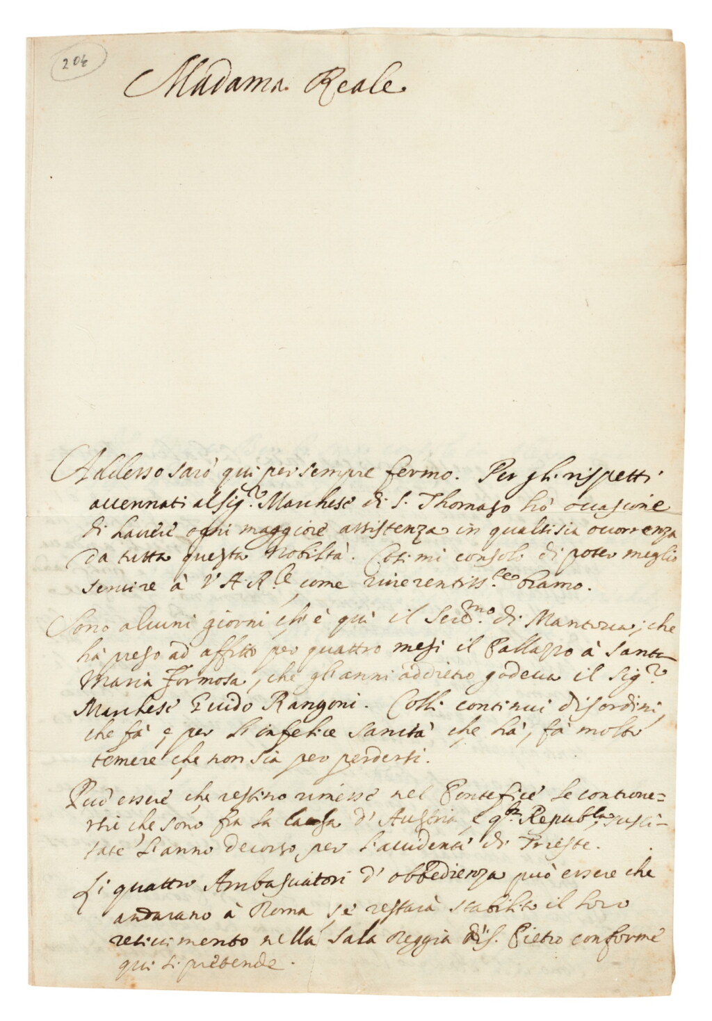 View full screen - View 1 of Lot 195. Ercole Mattioli | autograph letter signed to the duchess of Savoy, Venice, 12 December 1676.