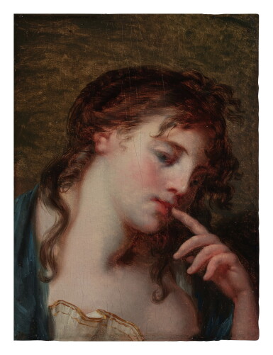 View full screen - View 1 of Lot 565. Head of a girl holding a finger to her lips, wearing a blue shawl, bust-length.