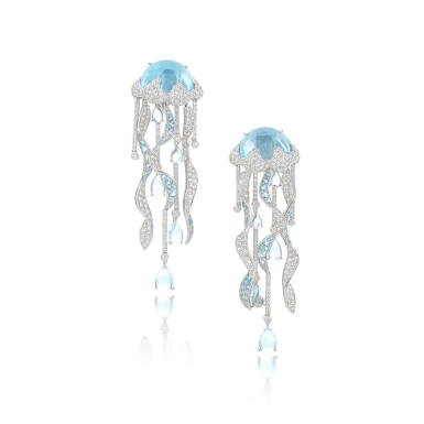 View full screen - View 1 of Lot 752. Pair of aquamarine and diamond pendent earrings.