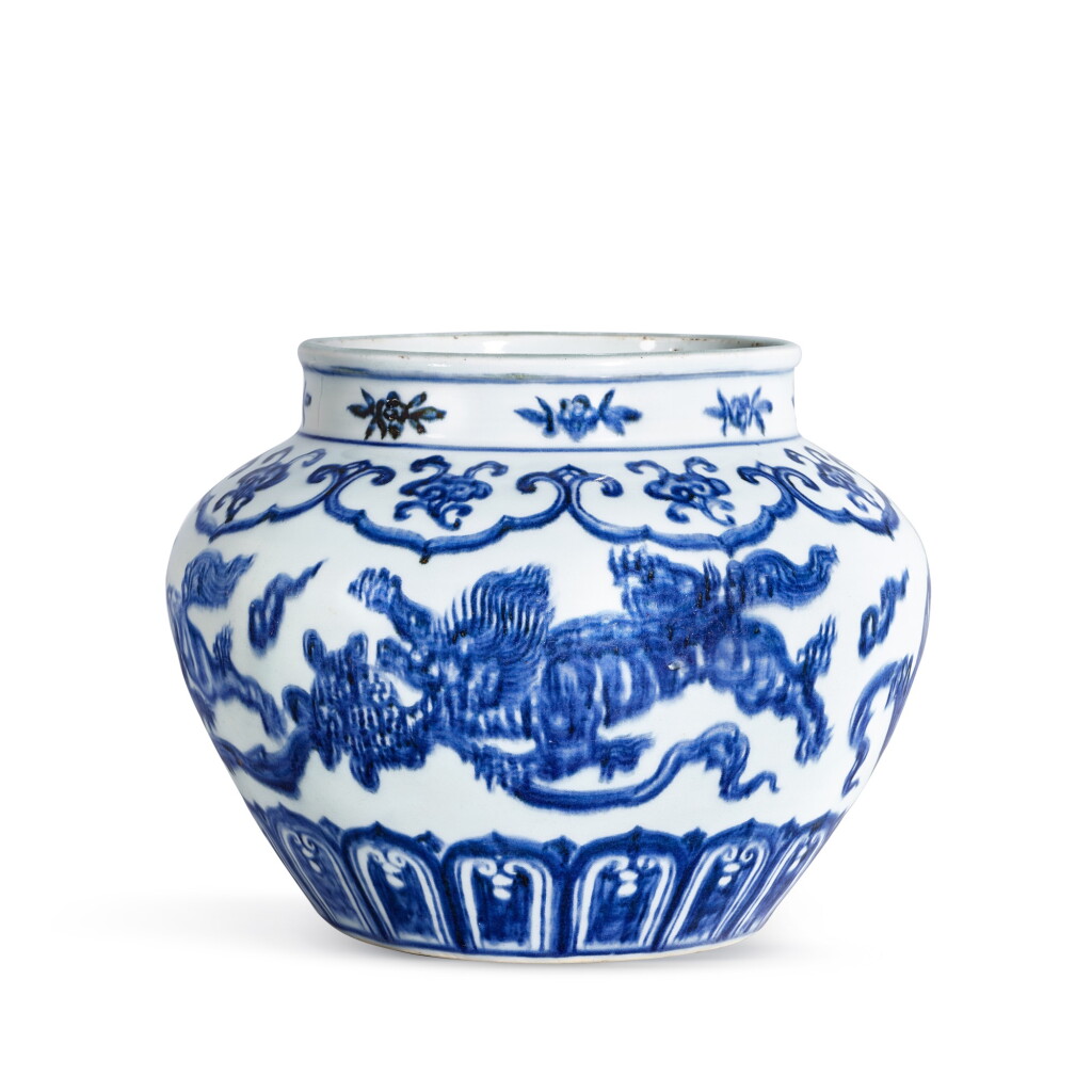 View full screen - View 1 of Lot 3635. An exceptional blue and white 'lion and ball' jar Mark and period of Xuande | 明宣德 青花獅子戲球罐 《大明宣德年製》款.