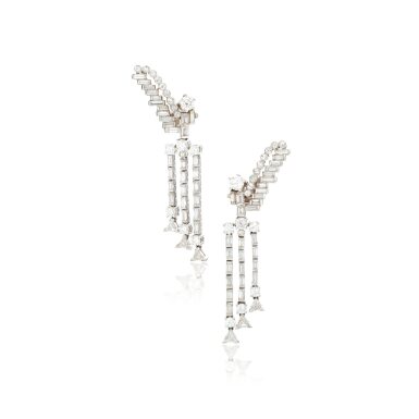 View full screen - View 1 of Lot 957. Pair of diamond pendent earrings.