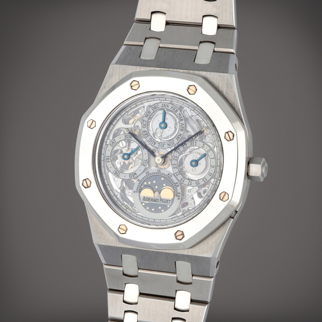 View full screen - View 1 of Lot 37. Royal Oak Perpetual Calendar, Reference 25636SP.OO.0944SP.01 | A stainless steel and platinum skeletonized perpetual calendar wristwatch with moon phase | Circa 1994.