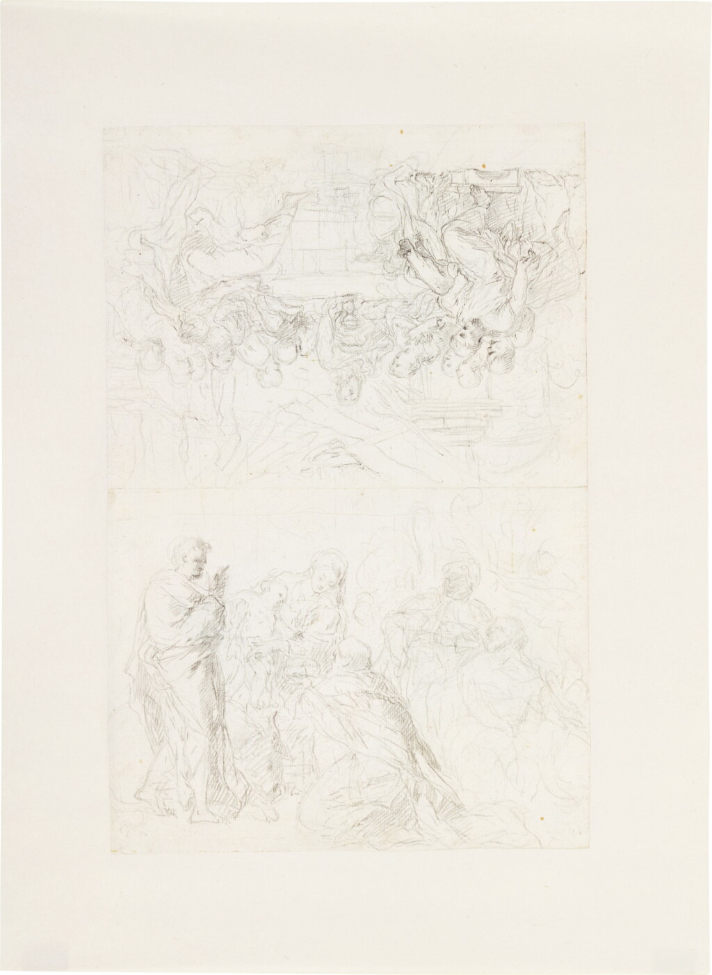 View full screen - View 1 of Lot 87. A double album leaf with two separate studies on each side: Recto: The Last Supper; An Adoration Verso: The Madonna and Child; A study of a Cow.