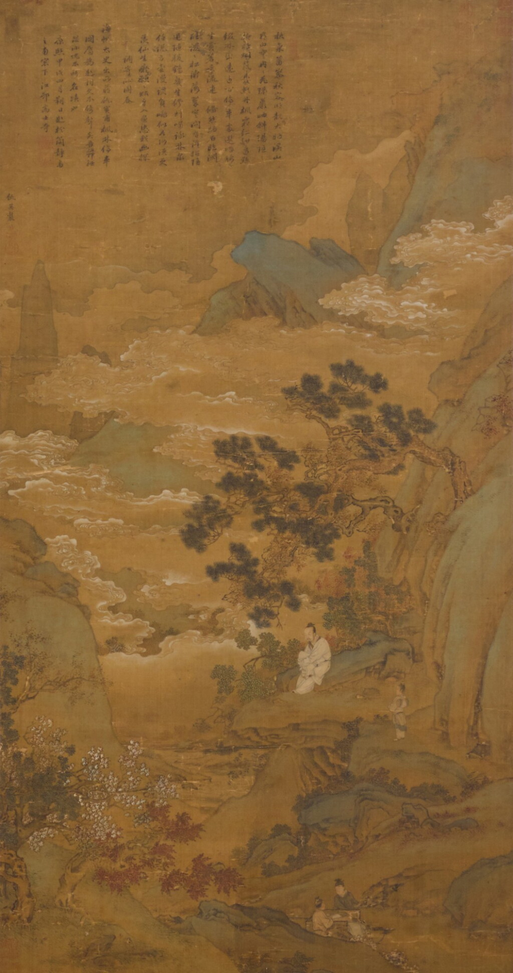 View full screen - View 1 of Lot 34. Attribute to Qiu Ying, Halting the Carriage in a Maple Grove | 仇英(款)《楓林停車圖》 設色絹本 立軸.