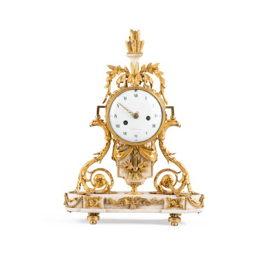 View full screen - View 1 of Lot 347. A Louis XVI ormolu and white marble mantel clock, Antoine Cronier, Paris, circa 1790 | Pendule en bronze doré et marbre d’époque Louis XVI, le cadran signé Antoine Cronier, vers 1790.