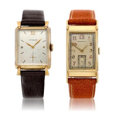 View full screen - View 1 of Lot 225. A set of two yellow gold rectangular watches, Circa 1960.