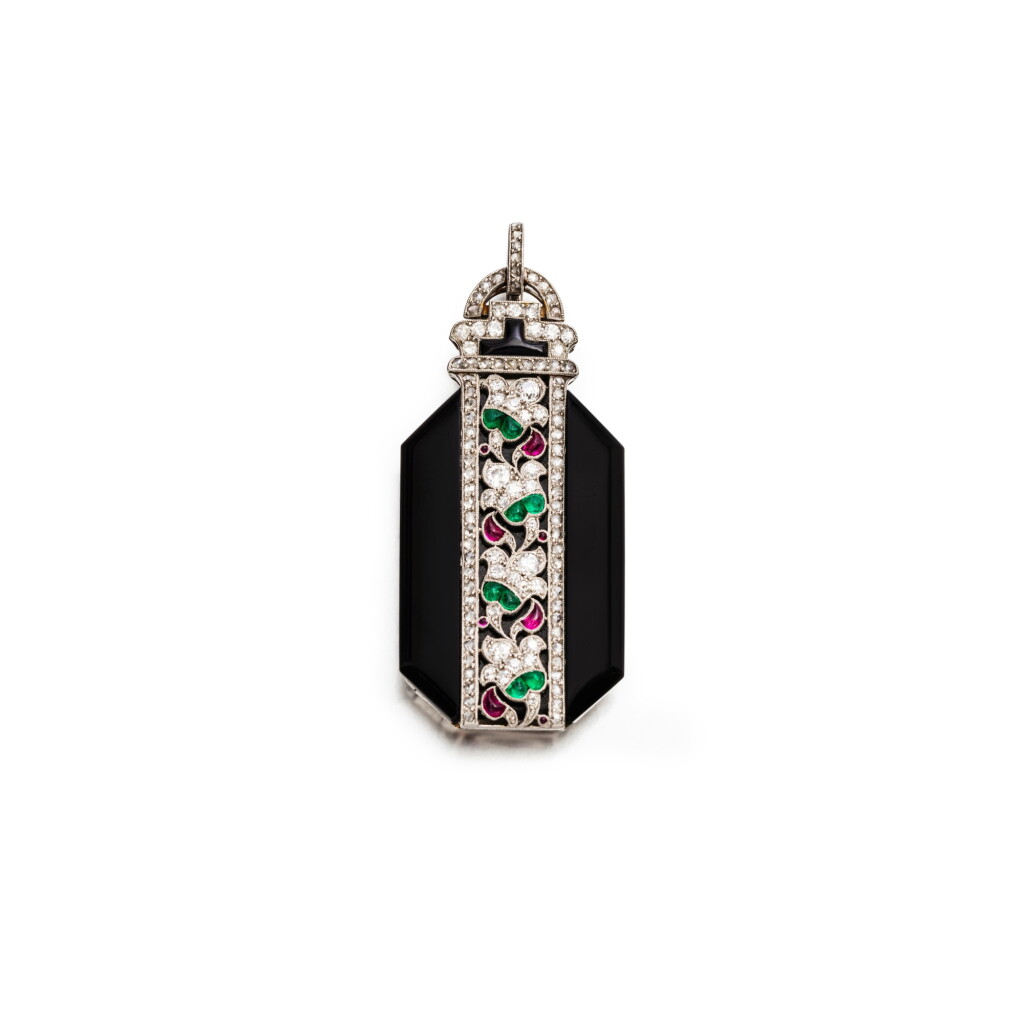 View full screen - View 1 of Lot 144. Onyx, emerald, ruby and diamond pendant / pair of lorgnettes.