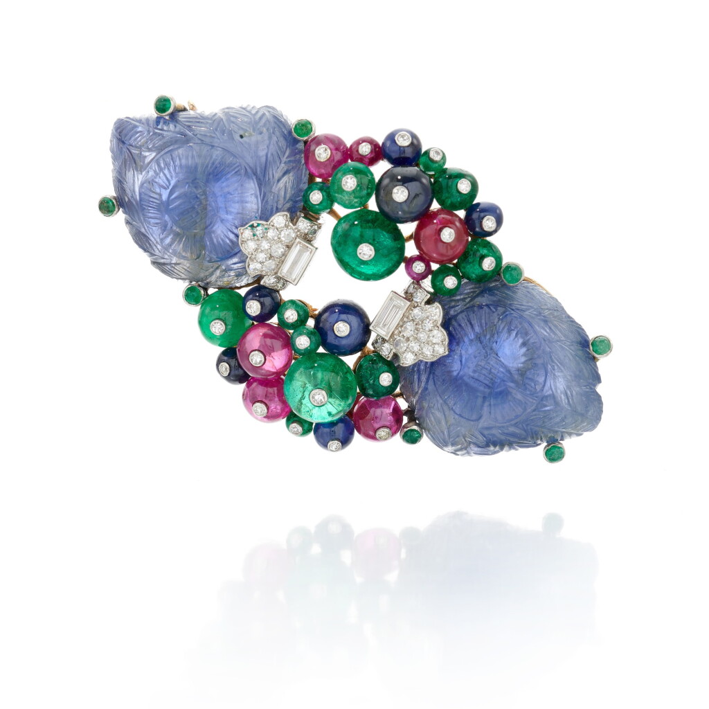 View full screen - View 1 of Lot 22. Sapphire, emerald, ruby and diamond Tutti Frutti brooch/pendant (Spilla/pendente con zaffiri, smeraldi, rubini e diamanti, Tutti Frutti).