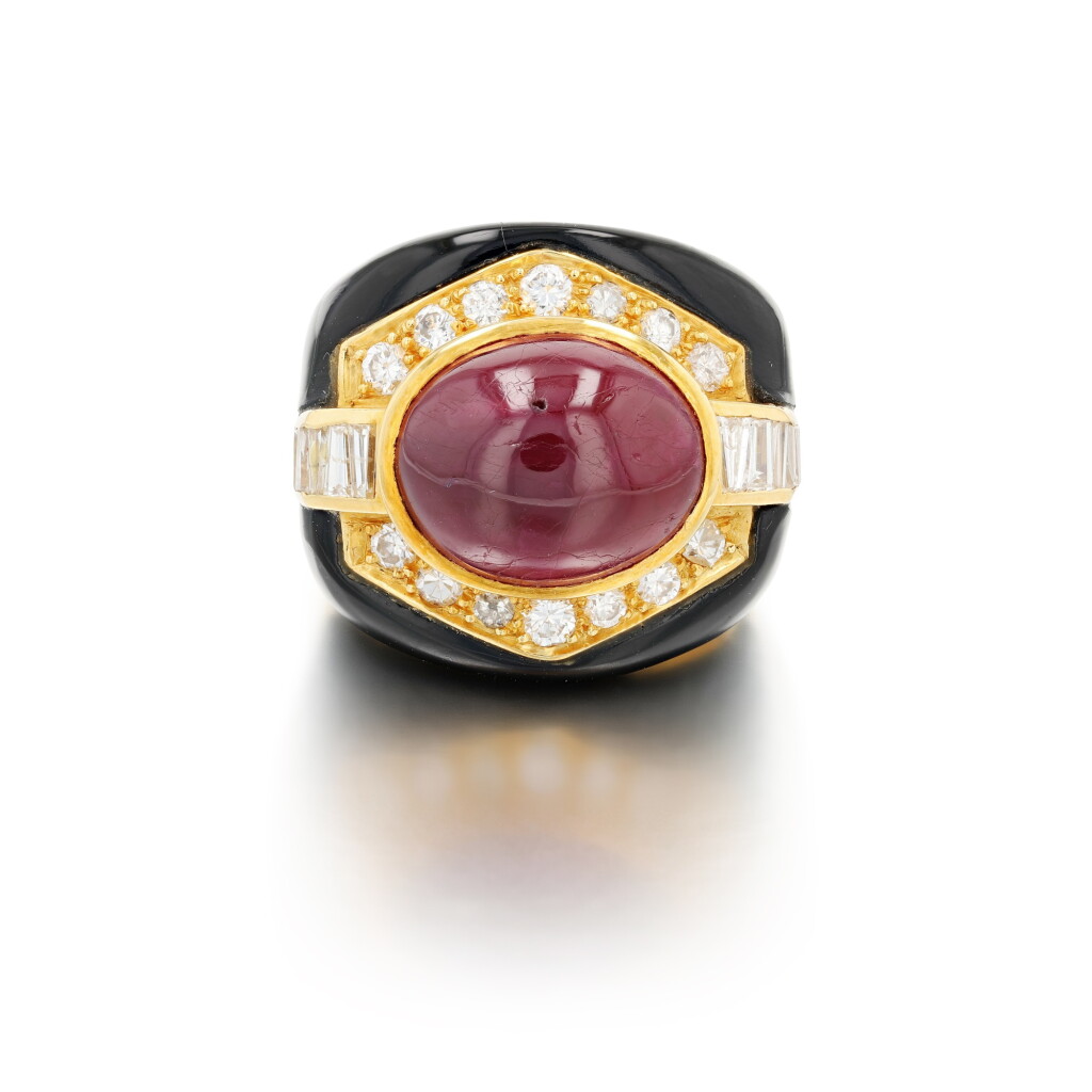View full screen - View 1 of Lot 275. Ruby, enamel and diamond ring | Bague rubis, émail et diamants.