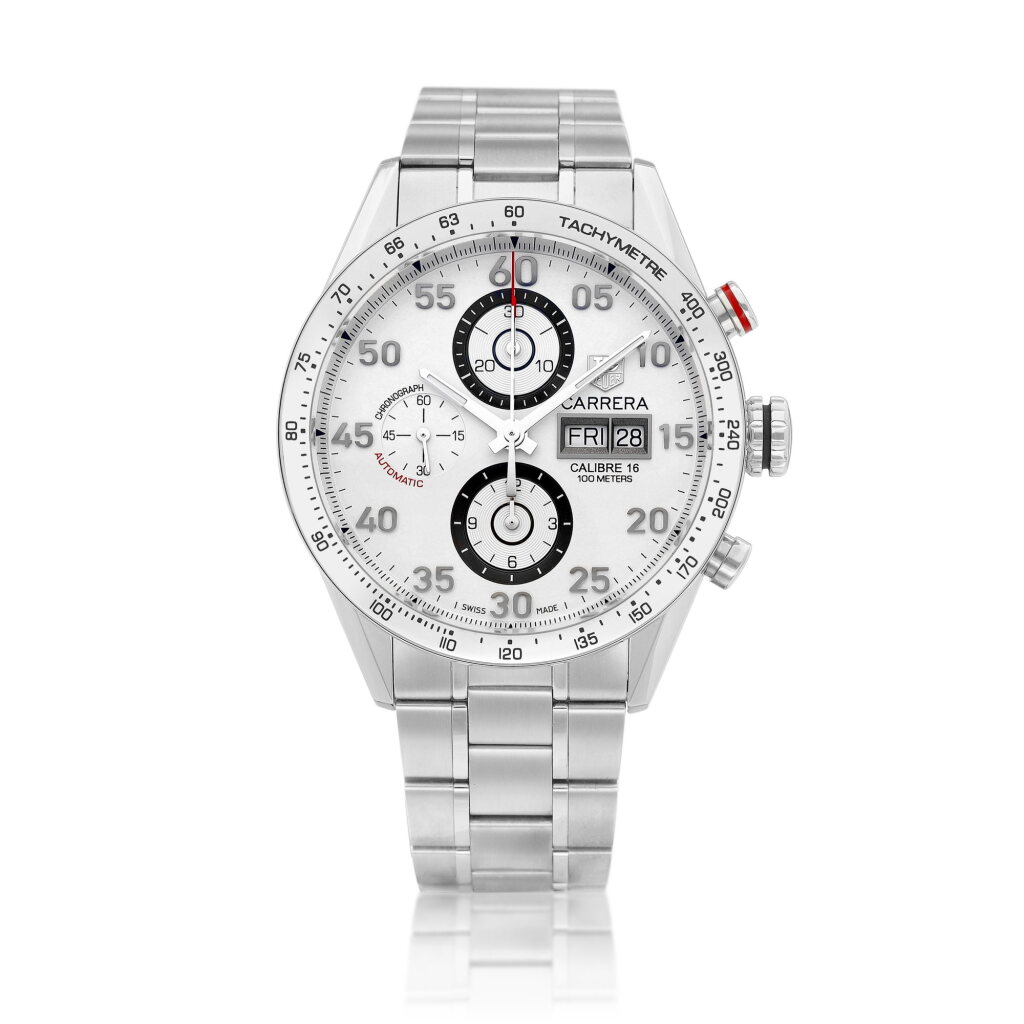 View full screen - View 1 of Lot 8752. Carrera, Reference CV2A11 | A stainless steel chronograph wristwatch with day, date and bracelet, Circa 2011 | 泰格豪雅 | 卡萊拉系列 型號CV2A11 | 精鋼計時鏈帶腕錶,備日期及星期顯示,約2011年製.