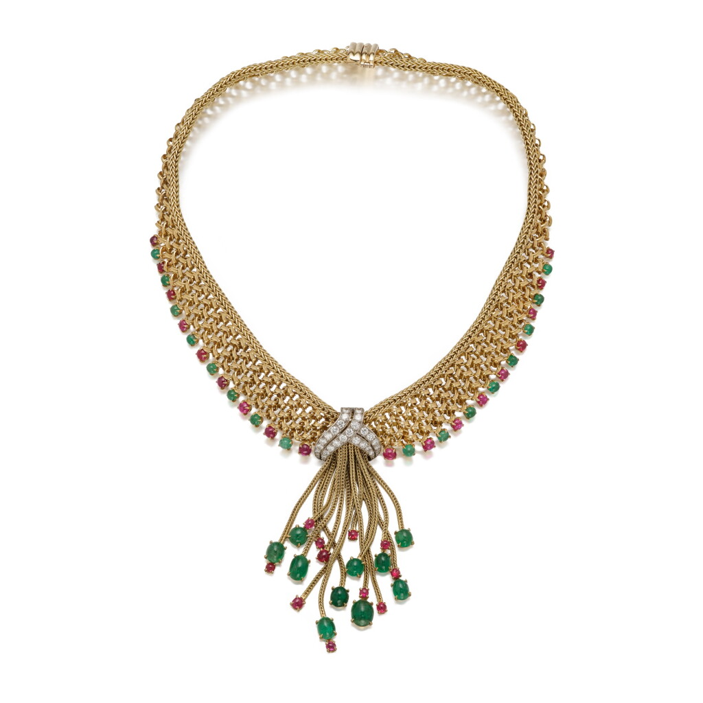 View full screen - View 1 of Lot 1696. Gold, Emerald, Ruby and Diamond Necklace | 寶格麗 | K金 配 祖母綠 配 紅寶石 及 鑽石 項鏈 .
