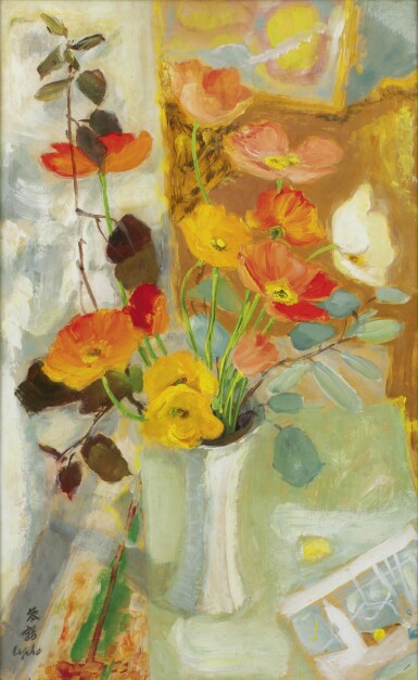 View full screen - View 1 of Lot 255. LE PHO 黎譜 | POPPIES AU VASE BLANC (POPPIES IN A WHITE VASE) 白色花瓶裡的罌粟花.