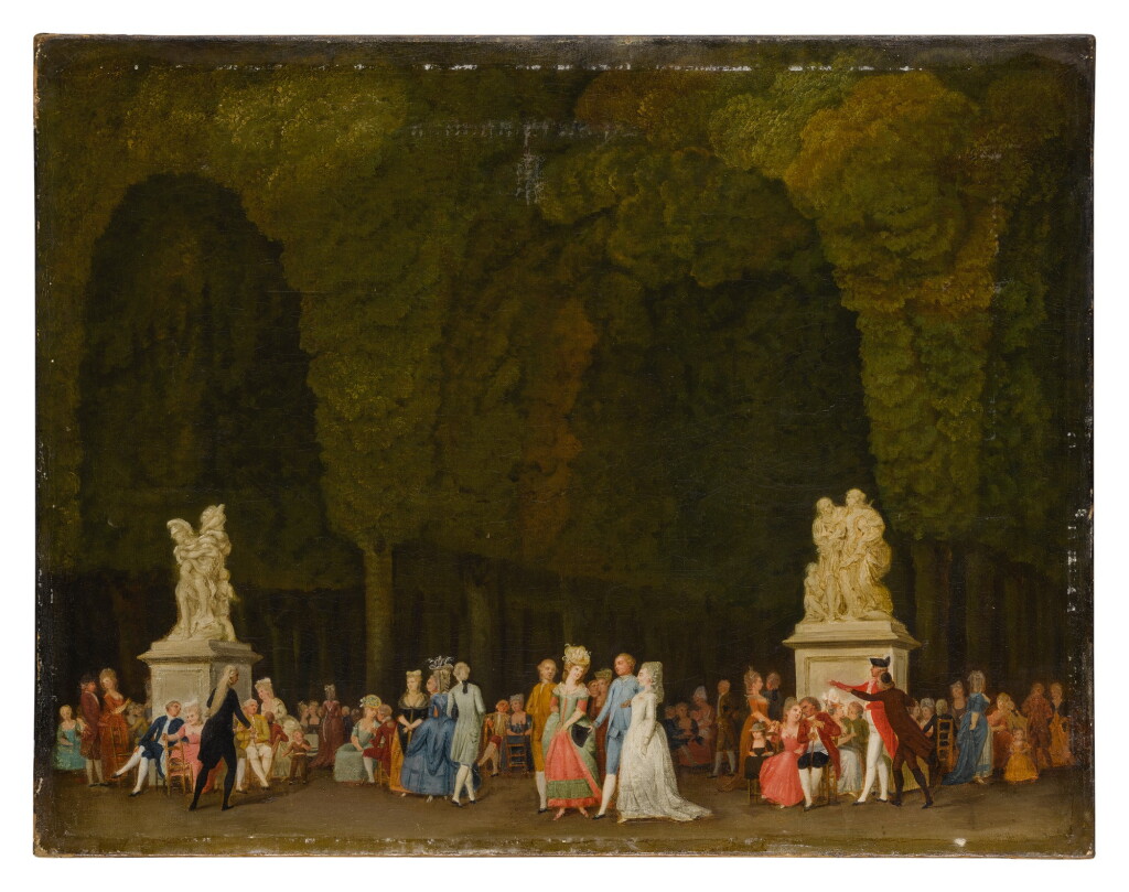 View full screen - View 1 of Lot 615. Elegant figures in a park, some strolling in the foreground while others sit in groups and converse.