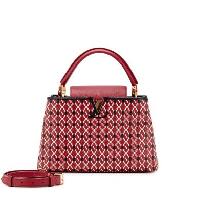 View full screen - View 1 of Lot 151. Red, White, and Black Woven Calf Leather Capucines MM Gold Hardware, 2016.