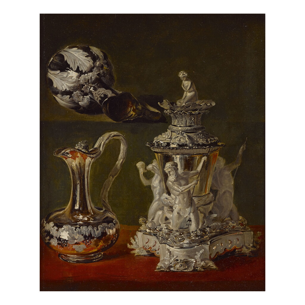 View full screen - View 1 of Lot 53. CONTINENTAL SCHOOL | STILL LIFE OF A SILVER COVERED WINE COOLER AND SILVER EWER.
