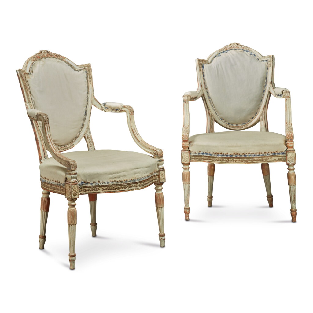 View full screen - View 1 of Lot 908. A PAIR OF GEORGE III POLYCHROME AND PARCEL GILT ARMCHAIRS, CIRCA 1775.