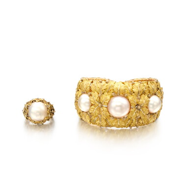 View full screen - View 1 of Lot 299. Gold and Mabé Pearl Cuff-Bracelet and Ring.