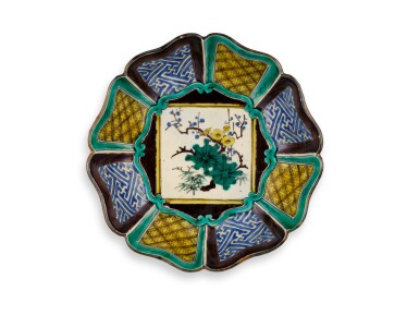 View full screen - View 1 of Lot 2165. A porcelain dish, Fuku mark, Kutani type, Yoshidaya kiln, Hizen, Edo period, circa 1824-31 | 色絵松竹梅文輪花鉢 九谷 吉田屋 江戸時代後期 1824-31年.