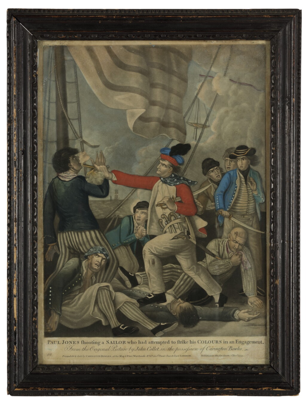 View full screen - View 1 of Lot 58. (JONES, JOHN PAUL) | Paul Jones Shooting a Sailor who had Attempted to Strike his Colours in an Engagement. London: Printed for and Sold by Carrington Bowles, 2 December 1779 .