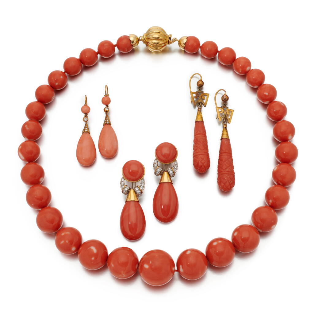 View full screen - View 1 of Lot 87. Collana e tre paia di orecchini in corallo.