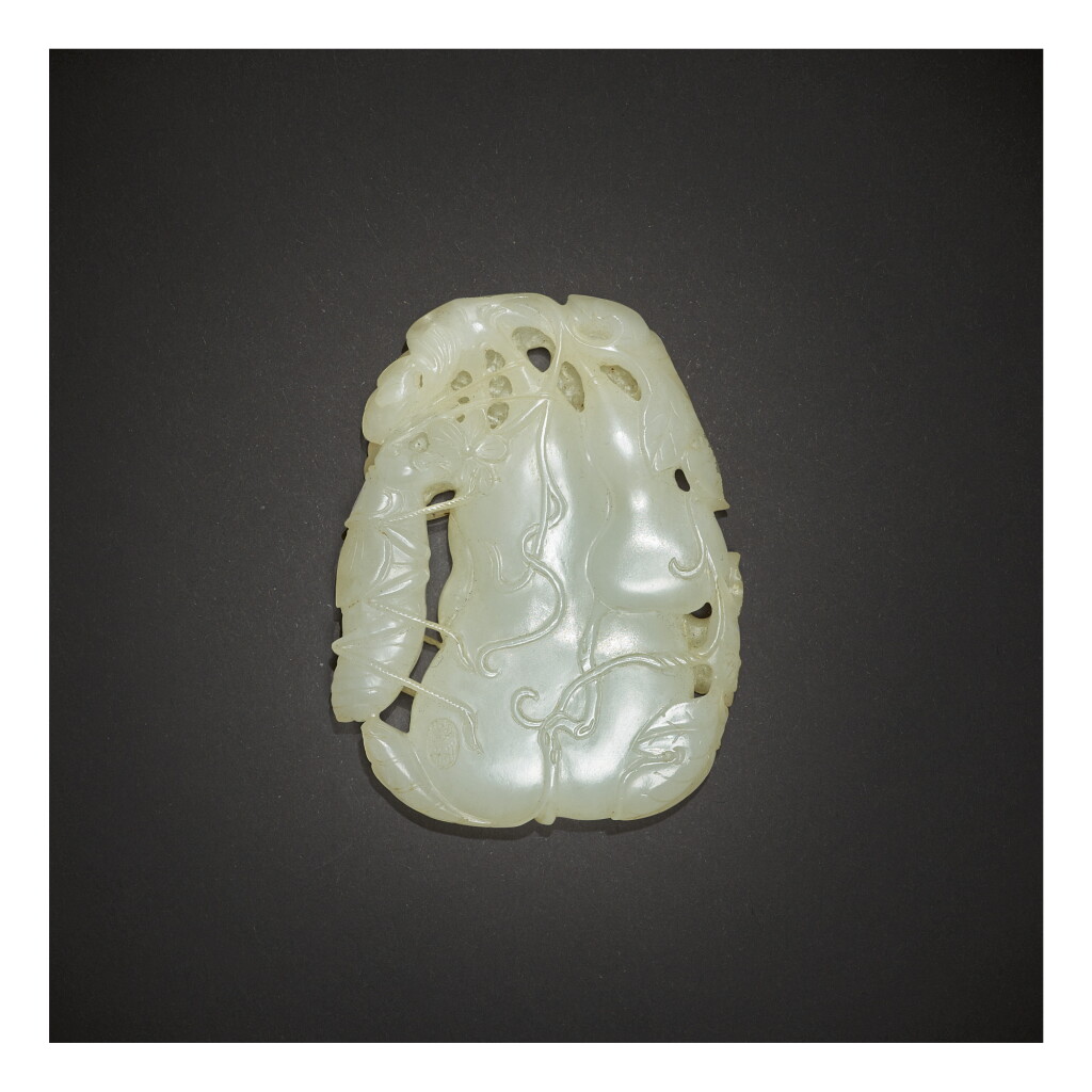 View full screen - View 1 of Lot 230. A WHITE JADE 'DOUBLE GOURD AND KATYDID' PENDANT, QING DYNASTY, QIANLONG PERIOD.