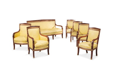 View full screen - View 1 of Lot 95. A suite of German Empire gilt bronze mounted mahogany set of seat furniture, probably designed by Leo von Klenze and attributed to Melchior Frank, circa 1840 | Suite de mobilier en acajou et bronze doré, de la période de l'Empire Allemand, probablement dessiné par Leo von Klenze et attribué à Melchior Frank, vers 1840.